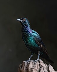 Naklejka premium Majestic Asian Glossy Starling standing on small root 