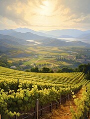 Sunlit Tuscan Vineyards: Mountain Landscape Art with Breathtaking Mountain Backdrop