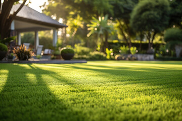 An expanse of freshly cut grass in a perfectly manicured lawn, illustrating the crisp and tidy...