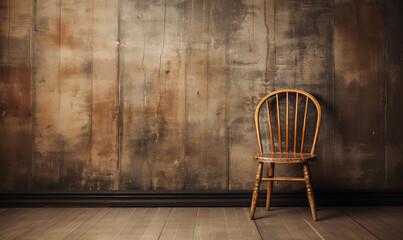 Empty old fashioned room with dark wood furniture and abandoned chair An empty rocking chair in a ruined house Creepy Horror.