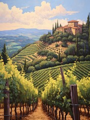 Sunlit Tuscan Vineyards: Handmade Original Painting of Vibrant Vineyard Scene