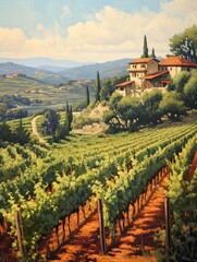 Fototapeta na wymiar Vintage Tuscan Sunlit Vineyards: Scenic Italian Winery Painting