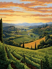 Sunlit Tuscan Vineyards: Rolling Valleys of Grapevines in Landscape