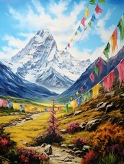 Mountain Beach Serenity: Tibetan Prayer Flags Amidst Majestic Mountains