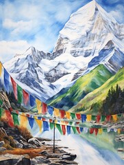 Tibetan Prayer Flags in Mountains: Serene Landscape Canvas Print