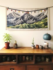 Tibetan Prayer Flags in the Majestic Mountains - Framed Landscape Print with Mountain Flag Frame