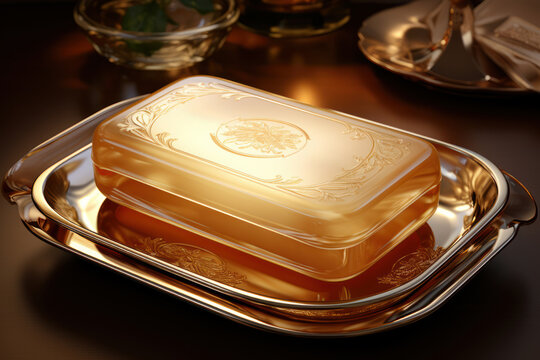 A pure, untouched bar of soap glistens in a soap dish, representing the embodiment of cleanliness and personal hygiene. Generative Ai.