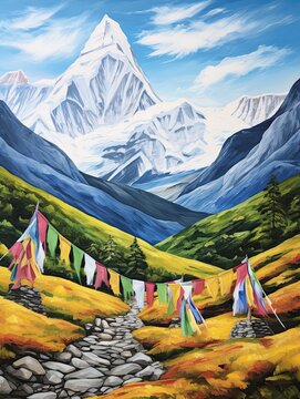 Tibetan Prayer Flags Adorning the Majestic Mountainscape: A Vibrant Display in a Tranquil Mountain Village