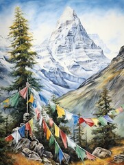 Tibetan Prayer Flags in Mountains National Park Art Print: Serene Summits of Flagged Blessings
