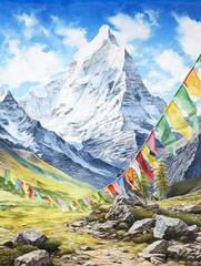 Breezy Auras: Tibetan Prayer Flags Flutter Amidst Majestic Mountain Peaks