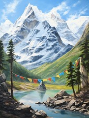 Tibetan Prayer Flags: Mountain Seascape Art Print - Flags Near Mountain Waters