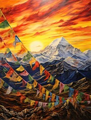 Tibetan Prayer Flags: Majestic Mountain Sunset Painting with Fluttering Flags