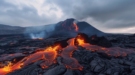 Volcanic eruption with flowing lava