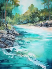 Turquoise Caribbean Shorelines: River Meets Sea - A Vibrant Painting