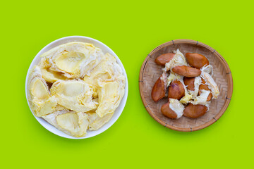 Fresh durian on green background.