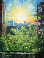 Urban Loft Cityscapes Meadow Painting - Loft View of City Green: A Vibrant Mashup of Urban and Natural Beauty