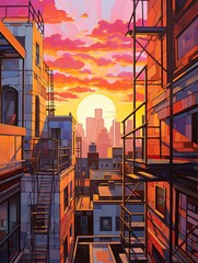 Glowing Sunset: Urban Loft Cityscapes Painting