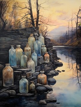 Vintage Apothecary Bottles River Painting: Floating Bottles Down the Stream