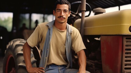 Fototapeta na wymiar Mexican young male farmer standing next to the tractor 