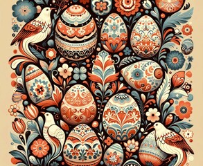 Folk Art Style Easter Eggs and Birds Illustration, Springtime Theme