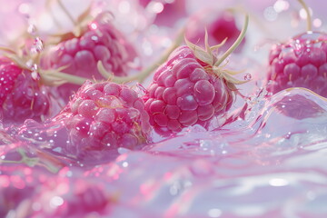 Raspberries in water. Multichrome composition with beautiful play of light. Background for banners, flyers and other promotional materials