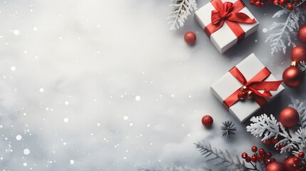 Christmas background with red berries, bell, small gift box, light, tree and decoration. [Top view with copy space]