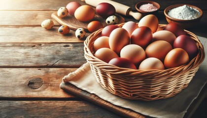 Fresh Organic Eggs in Basket, Rustic Kitchen Concept
