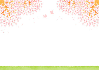 綺麗な桜と草原の風景イラスト