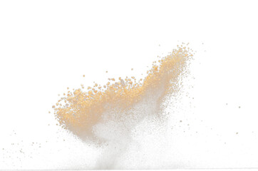 Big size Sand flying explosion, Golden grain wave explode. Abstract cloud fly. Yellow colored sand splash throwing in Air. Black background Isolated selective focus blur