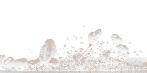 Coffee powder fly explosion, Coffee crushed ground float pouring, wave like smoke smell. Coffee ground powder splash throwing in mid Air. Black background Isolated selective focus blur