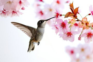 Hummingbird flying and finding cherry blossom nectar flower on white background AI Generative