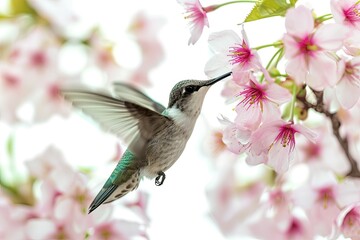 Beautiful Hummingbird flying and finding cherry blossom nectar flower AI Generative