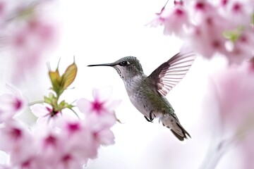 Fototapeta premium The Hummingbird flying and finding cherry blossom nectar flower AI Generative