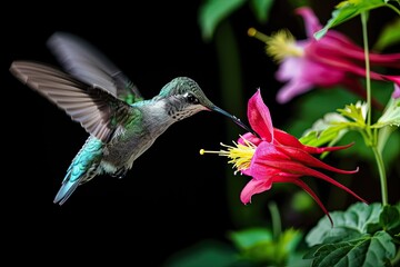 Beautiful Hummingbird flying and finding Columbine nectar flower on black background AI Generative