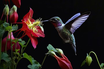 Fototapeta premium The Hummingbird flying and finding Columbine nectar flower AI isolated on black Generative