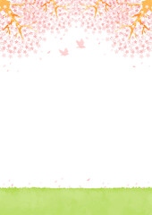 Obraz premium 桜と草原の風景イラスト