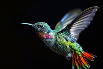 Fototapeta premium Beautiful Hummingbird flying on the black background AI Generative