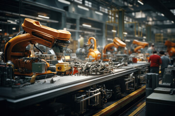 A factory assembly line with machinery working at a fast pace, illustrating the efficiency of mass production. Concept of industrial speed. Generative Ai. - obrazy, fototapety, plakaty