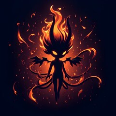 Minimalist mini fire demon, deep black background colors.
