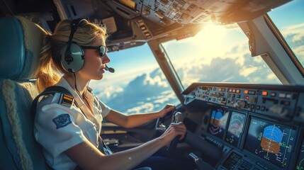 Woman Pilot Navigating Commercial Airplane Cockpit - obrazy, fototapety, plakaty