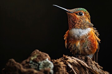 Obraz premium Portrait Hummingbird standing on old wood isolated on black AI Generative