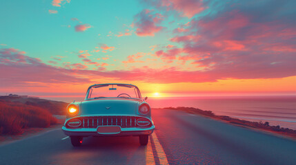 Fototapeta na wymiar Retro 1960s travel scene, classic car on a coastal road sunset background