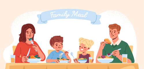 Family meal concept. Parents and kids enjoying eating. Man and woman sit with boy and girl eat spaghetti with vegetables and drink juice. Good relationship and love. Cartoon flat vector illustration
