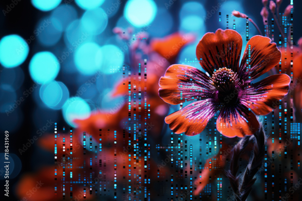 Poster abstract representation of binary code transforming into vibrant digital flowers, symbolizing the be
