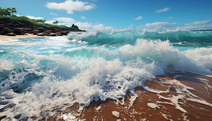 Blue water splashing on sandy coastline, a tropical seascape paradise generated by AI