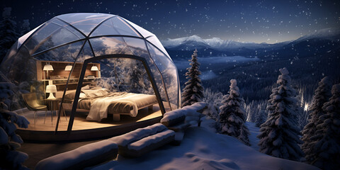 Santa Claus In Snowy Igloo, Enjoying Peaceful Moment In The Arctic Wilderness Illuminated igloo at night in winter forest. 3D rendering.