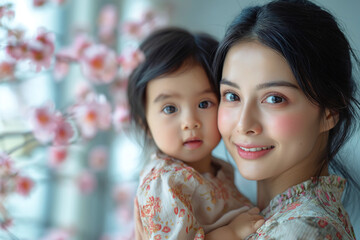 Asian Mother and Her Baby in Arms, Beautiful Portrait of a Woman and Her Daughter in a Room, Pink Cherry Blossoms at the Window, Mother's Day, Women's Day