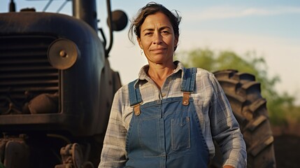Fototapeta na wymiar Mexican middle age female farmer standing next to the tractor