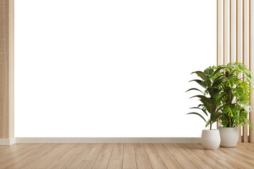 Wall transparent mockup with plants on a floor,Minimalist empty room with wooden floor.3d rendering