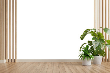 Wall transparent mockup with plants on a floor,Minimalist empty room with wooden floor.3d rendering